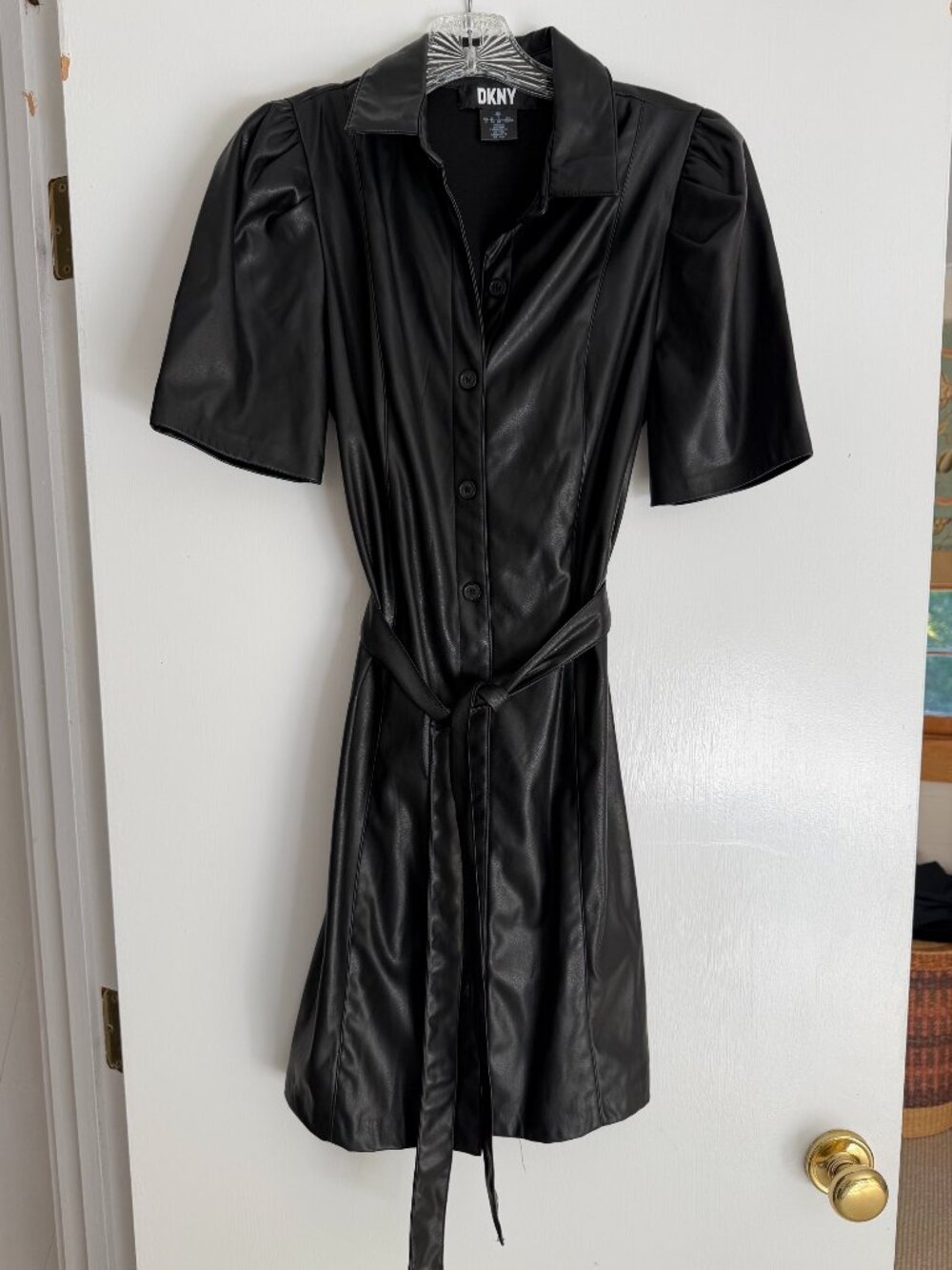 DKNY: Black faux leather shirt dress: Size: 4
